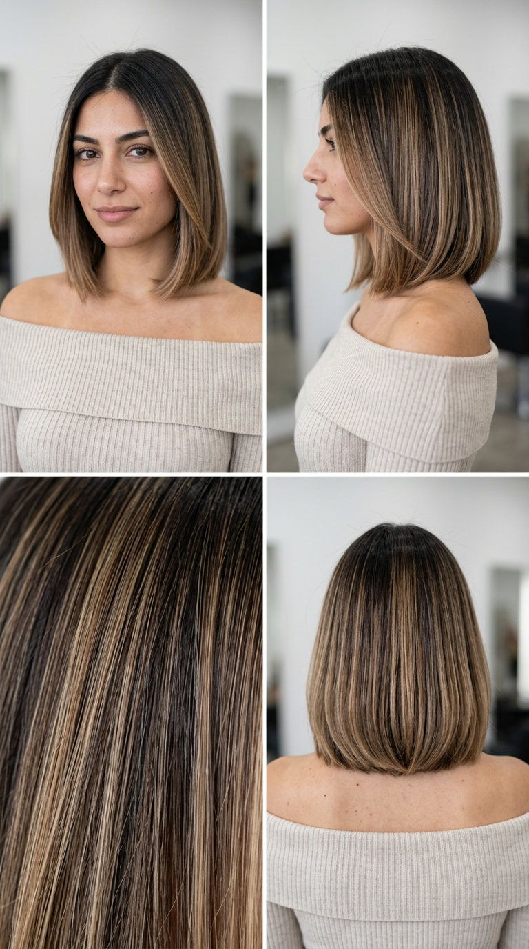 Scandi Mel Bob 2026 Bob loiro caramelo mel na altura da clavícula com reflexos difusos e parte central para um look sofisticado
