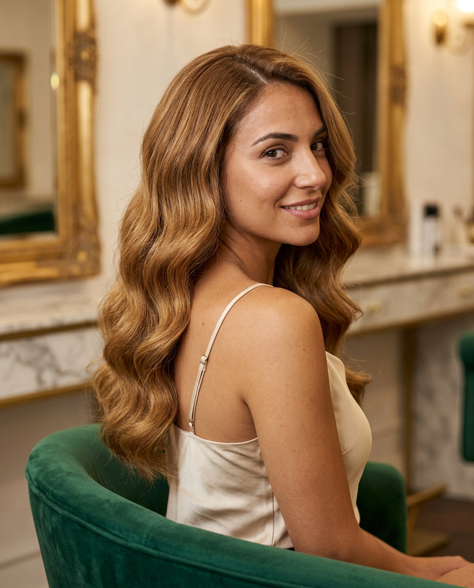 Glamourosas Ondas de Mel Caramelo 2026 longo cabelo loiro mel caramelo com camadas internas sutis e pontas rombas para um visual glamoroso