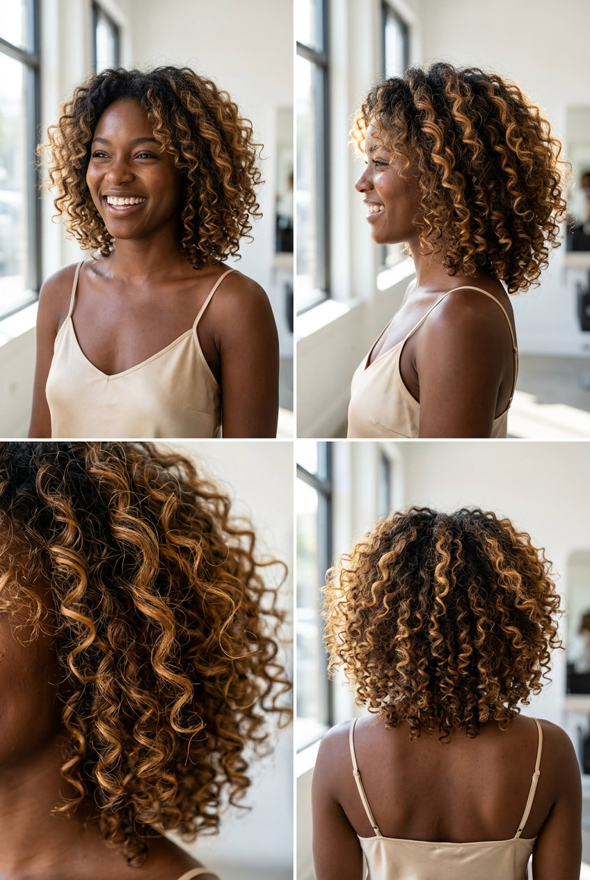Cachos Loiros Mel Caramelo 2026 louro caramelo mel em camadas longas com reflexos âmbar, pinturabalayage, para cachos divertidos