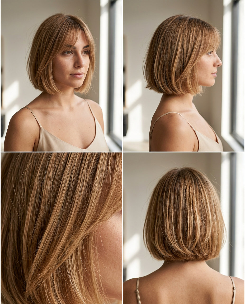 Riviera Bob Desgrenhado 2026 short bob louro caramelo mel com raiz difusa, para textura chique