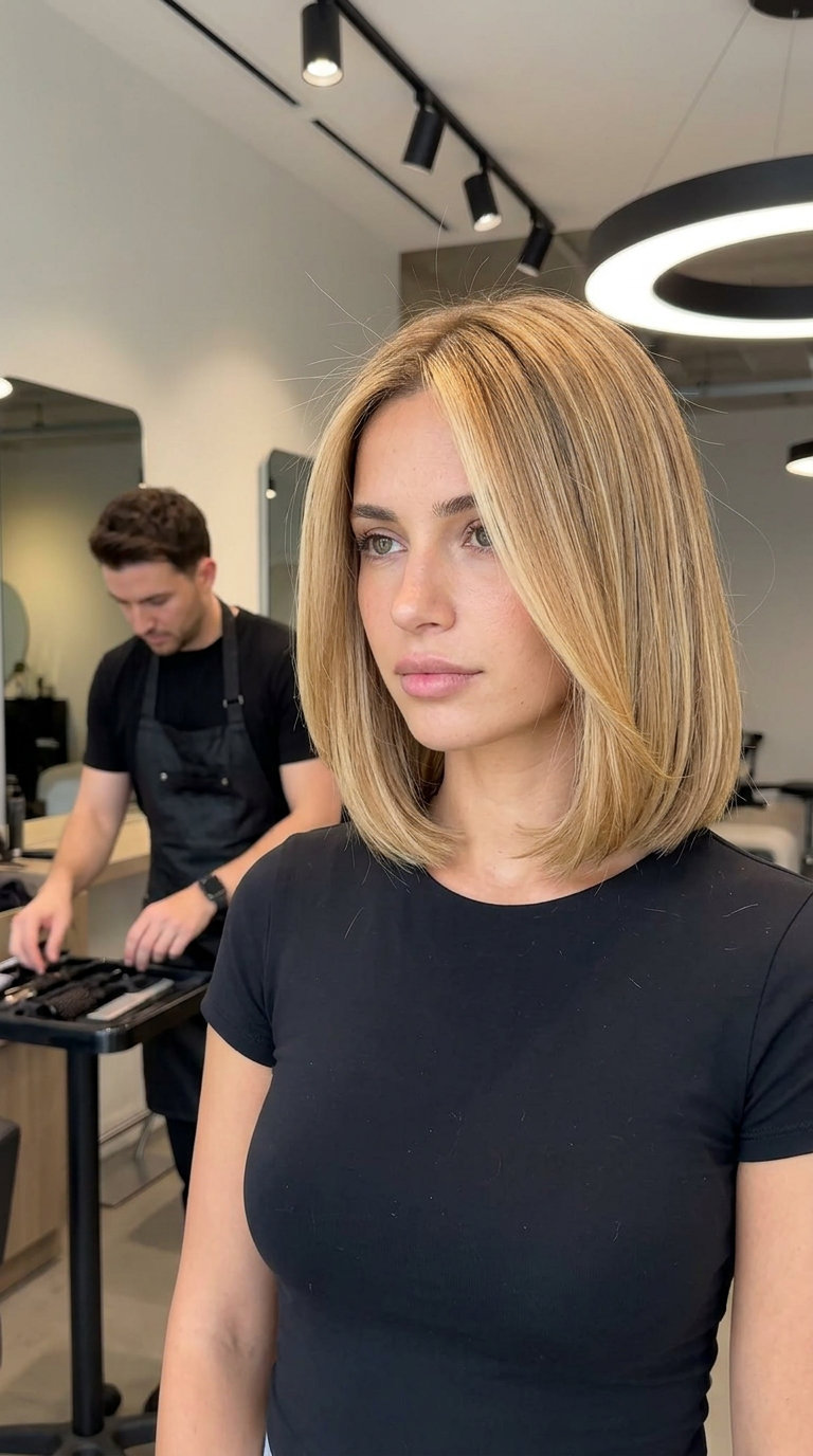 Corte de cabelo italiano Honey Bob 2026 corte de cabelo bob loiro mel caramelo na altura dos ombros com pontas rombas e parte lateral para um estilo chique