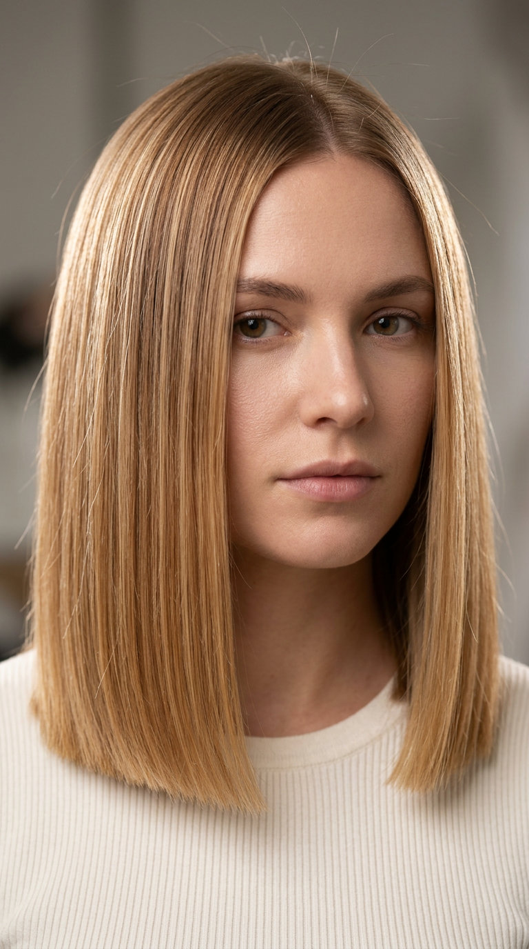 Lob de mel minimalista moderno 2026 corte de cabelo loiro mel caramelo na altura dos ombros com pontas rombas e parte central para profissional