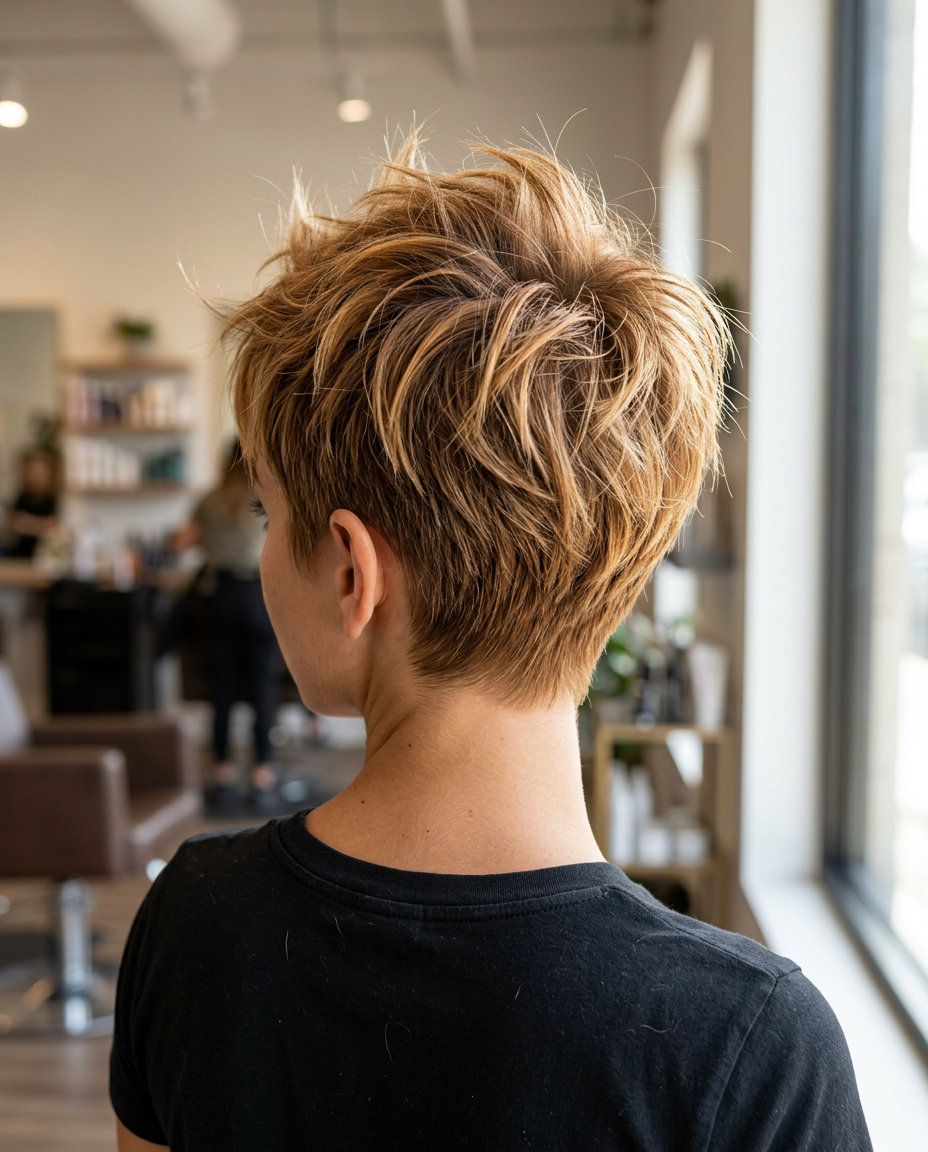 Pixie com corte de navalha ousado 2026 corte pixie louro caramelo mel muito curto com camadas agitadas e franja fina para um visual ousado