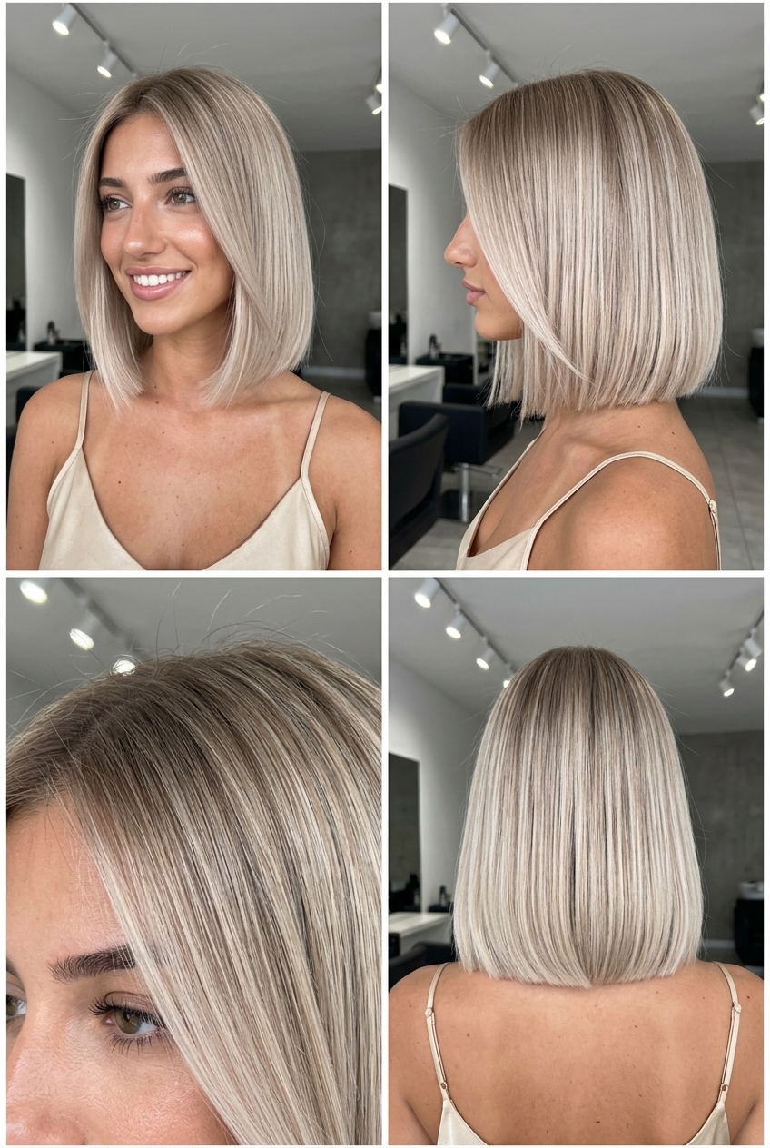 Cabelo Ombre Loiro Champanhe Chique 2026 champanhe curto e suave a ombre bege-platina claro com tons frios, mancha de raiz - profissional chique
