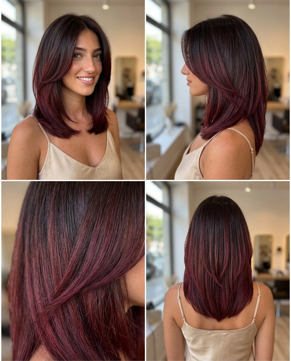 Cabelo Ombre Sensual Chocolate Cereja 2026 café expresso longo e profundo até ombre vermelho-violeta cereja com tons violetas sutis, derretimento pintado à mão - noite sensual