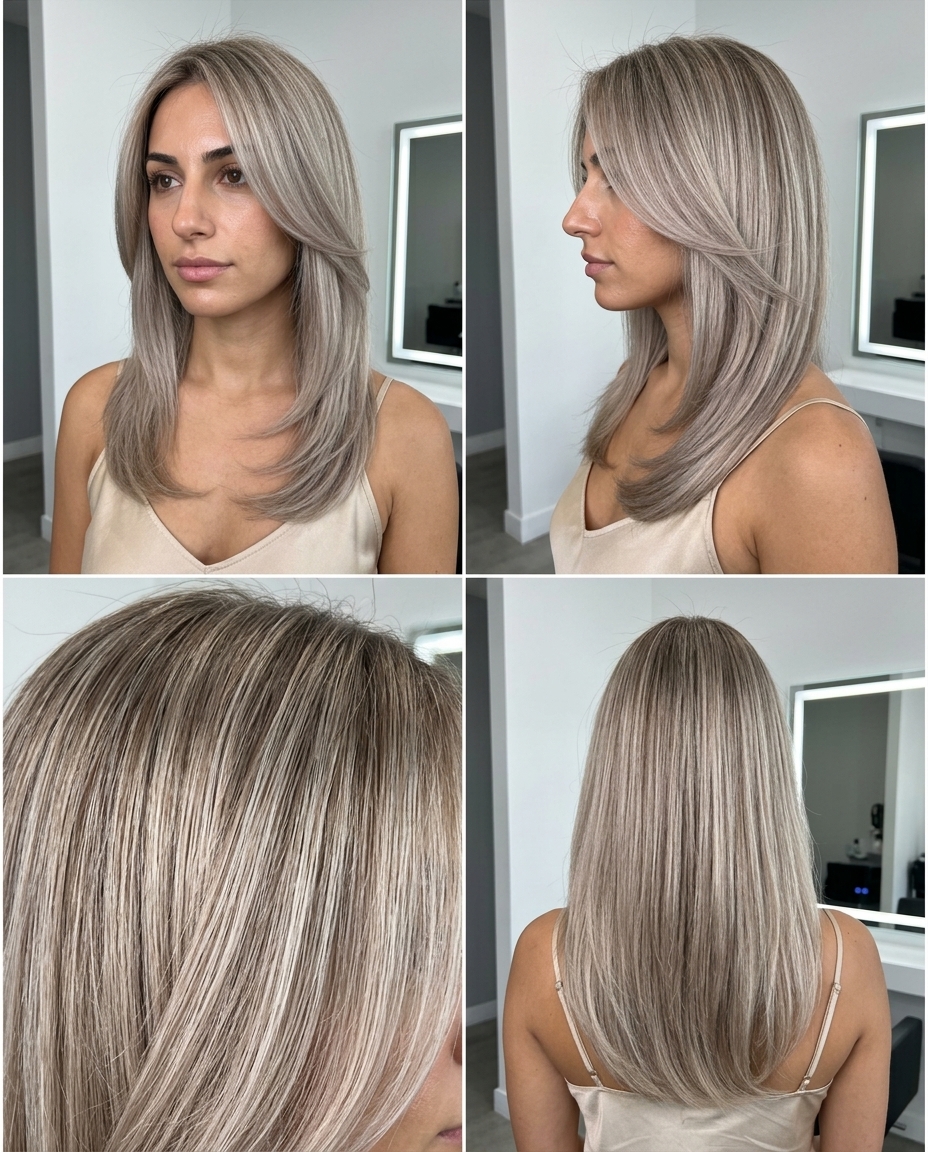 Corte Curvo Loiro Cinza Retro: Estilo Chique 2026 cabelo loiro acinzentado de comprimento médio com reflexos prateados, manchas sutis na raiz, corte curvo para um visual chique