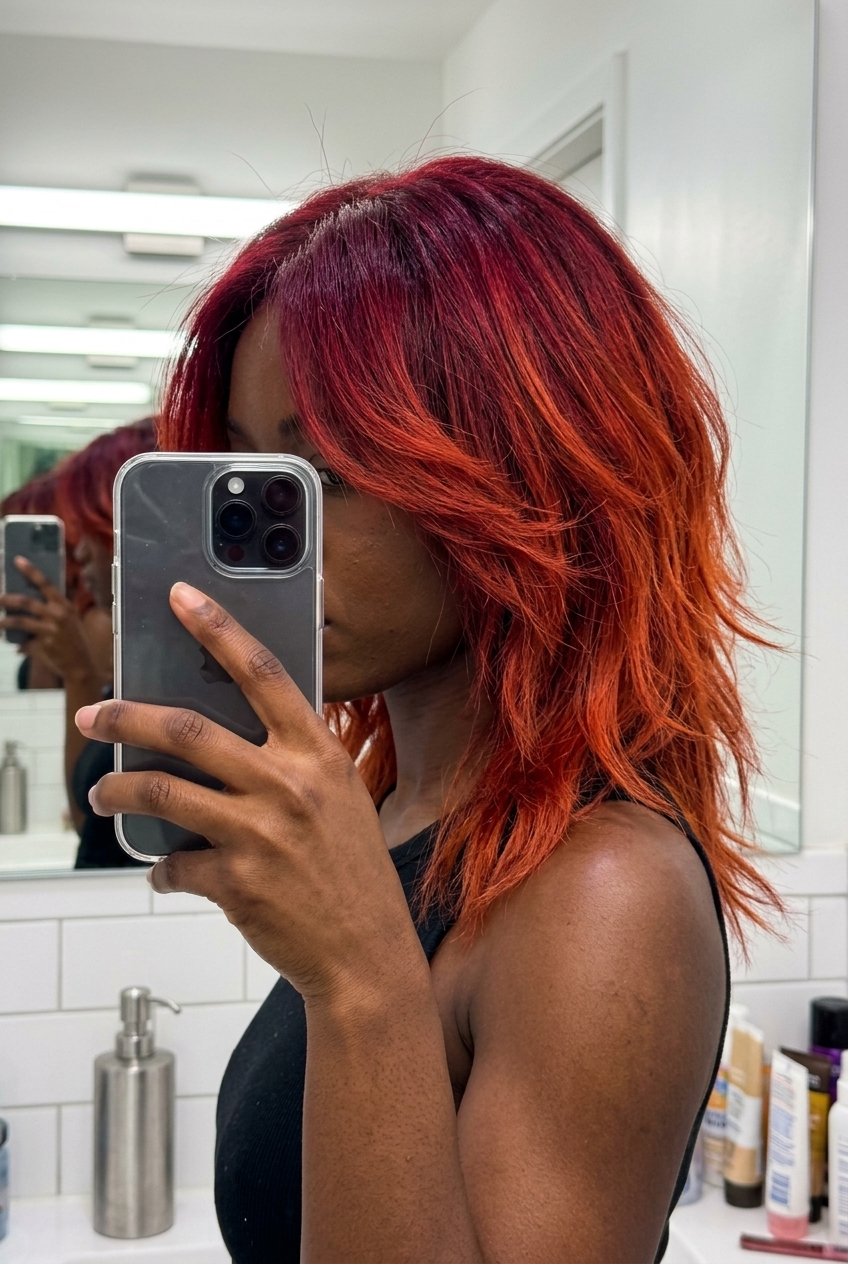 Cabelo Ombre Vermelho Carmesim Ousado 2026 longo e profundo carmesim a ombre vermelho-laranja ardente com tons vermelho-violeta, balayage personalizado - concerto vibrante