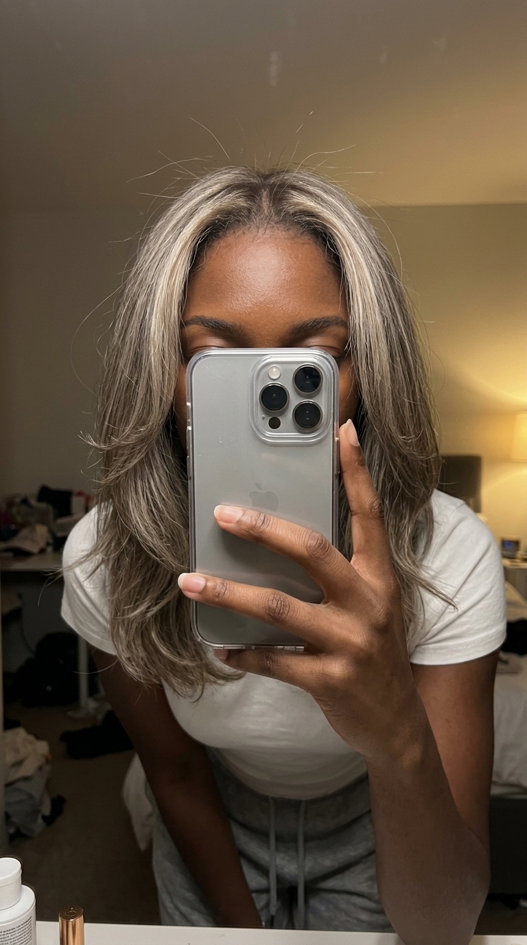 Destaques louro-acinzentados gelados: brilho natural 2026 cabelo loiro cinza médio com champanhe gelado, babylights, camadas longas e macias para uma aparência natural
