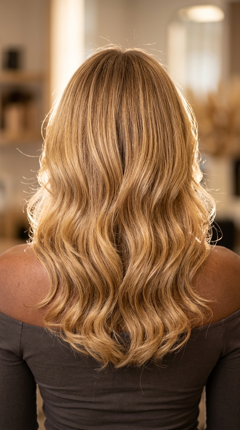 Cabelo Ombre Ouro Líquido Luminoso 2026 longo loiro mel dourado com raiz suave, tons translúcidos, ondas românticas - noite romântica