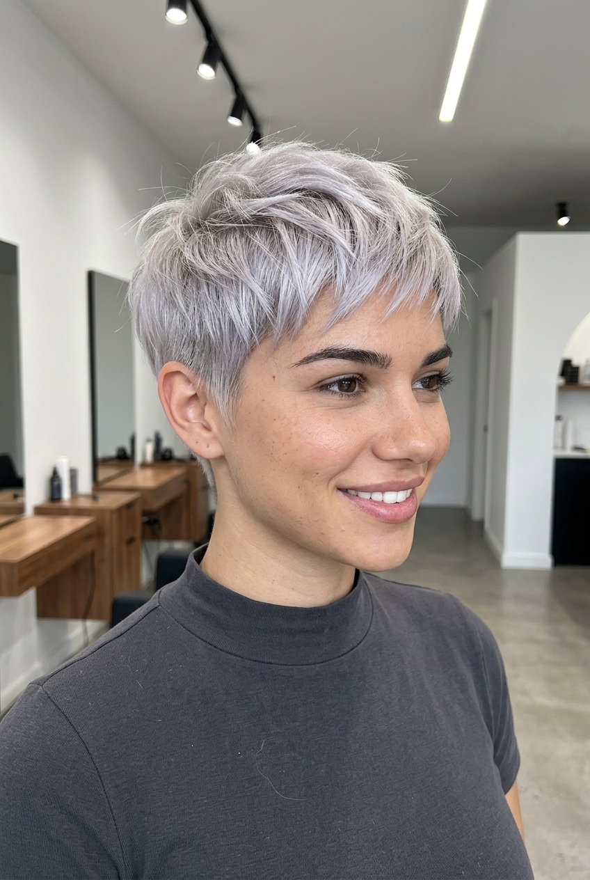Corte Pixie loiro cinza gelado: ousado e ousado 2026 corte pixie loiro cinza gelado muito curto com camadas violeta-prateadas e raspadas, lados cônicos para uma aparência ousada