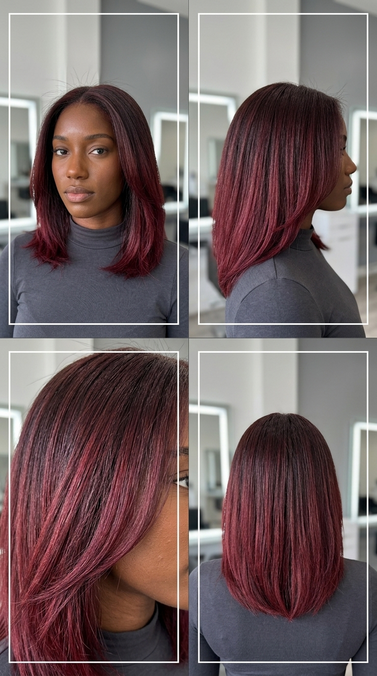 Cabelo Vampy Mogno Merlot Ombre 2026 ombre longo de mogno a merlot com tons vermelho-violeta, fusão de cores personalizadas - encontro glamoroso à noite