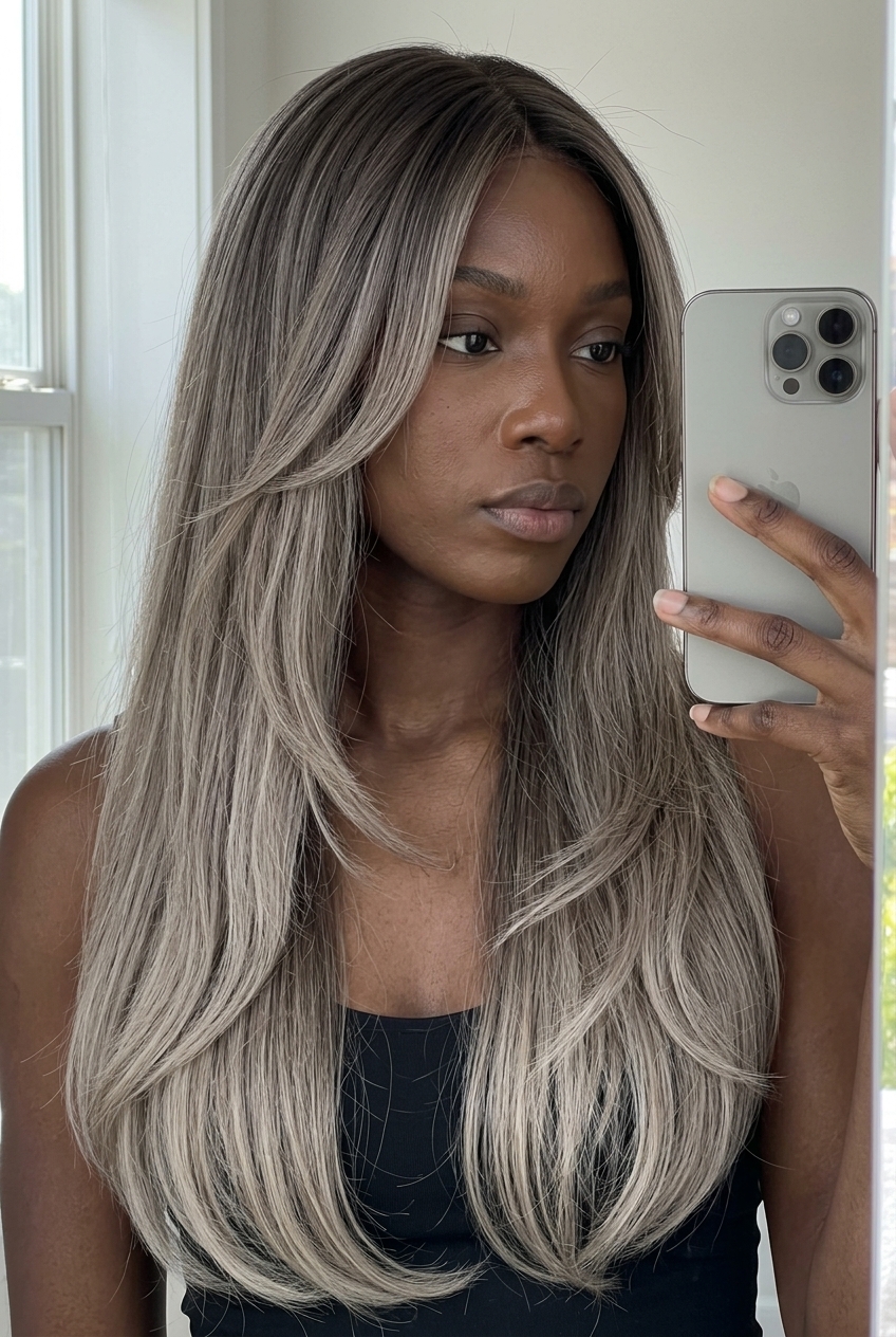 Ombré Loiro Cogumelo 2026: Esfumaçado e Etéreo cabelo loiro acinzentado longo com ombré loiro cogumelo, cinza esfumaçado, camadas internas macias - etéreo moderno