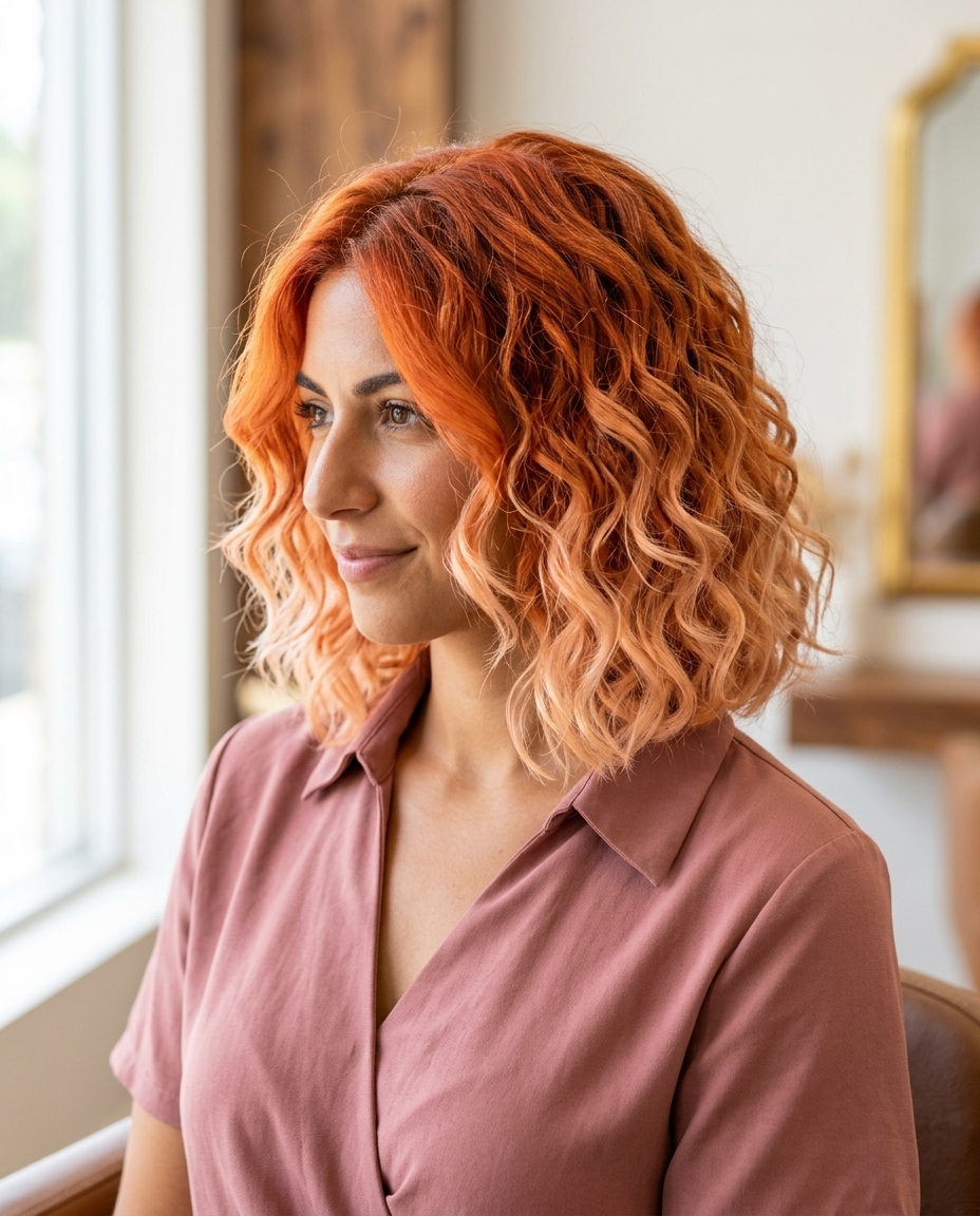 Cabelo Ombre Cobre Nectarina 2026 ombre bob sem corte com pêssego claro, fusão de cores vibrantes - visual divertido de festival