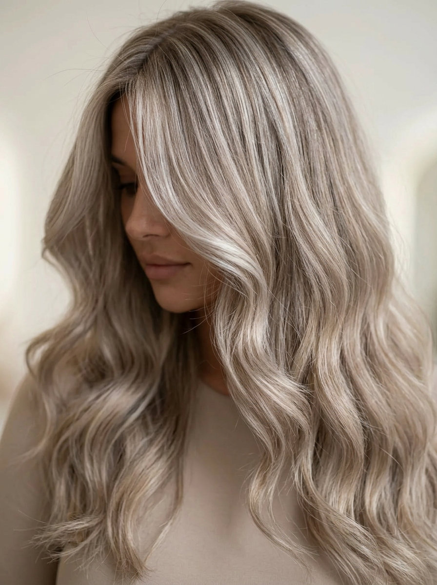 Cor de cabelo loiro cinza verão 2026: camadas longas cabelo loiro acinzentado longo com cinza pérola, reflexos cinza prateados gelados, camadas suaves em cascata para o verão