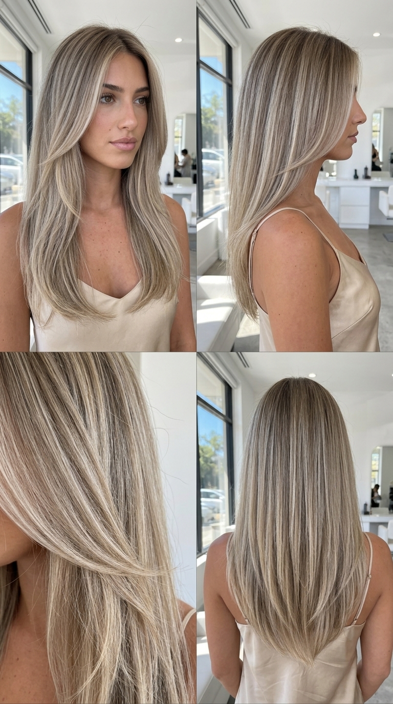 Sandy Ash Blonde Balayage 2026: ondas praianas cabelo loiro acinzentado longo com balayage loiro acinzentado, camadas suaves, moedas - praiano brincalhão