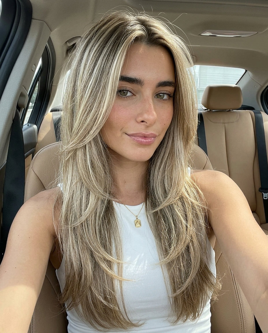 Sandy Ash Blonde Waves 2026: estilo costeiro sem esforço cabelo loiro acinzentado longo com loiro acinzentado arenoso, camadas em cascata, peças finas emoldurando o rosto - litoral brincalhão