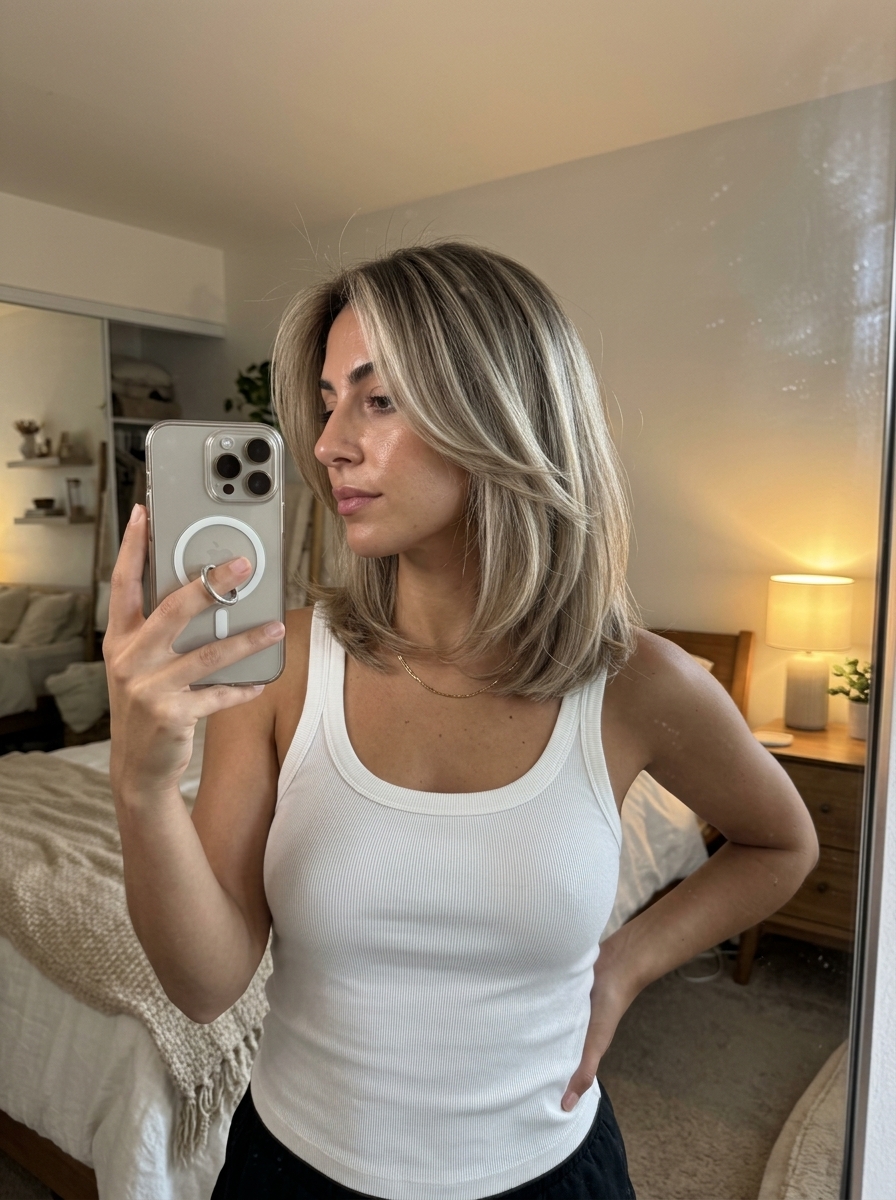 Stone Blonde Balayage Lob 2026: Sofisticado e Suave cabelo loiro cinza médio com balayage loiro pedra, camadas suaves, moldura sutil do rosto - sofisticado sem esforço